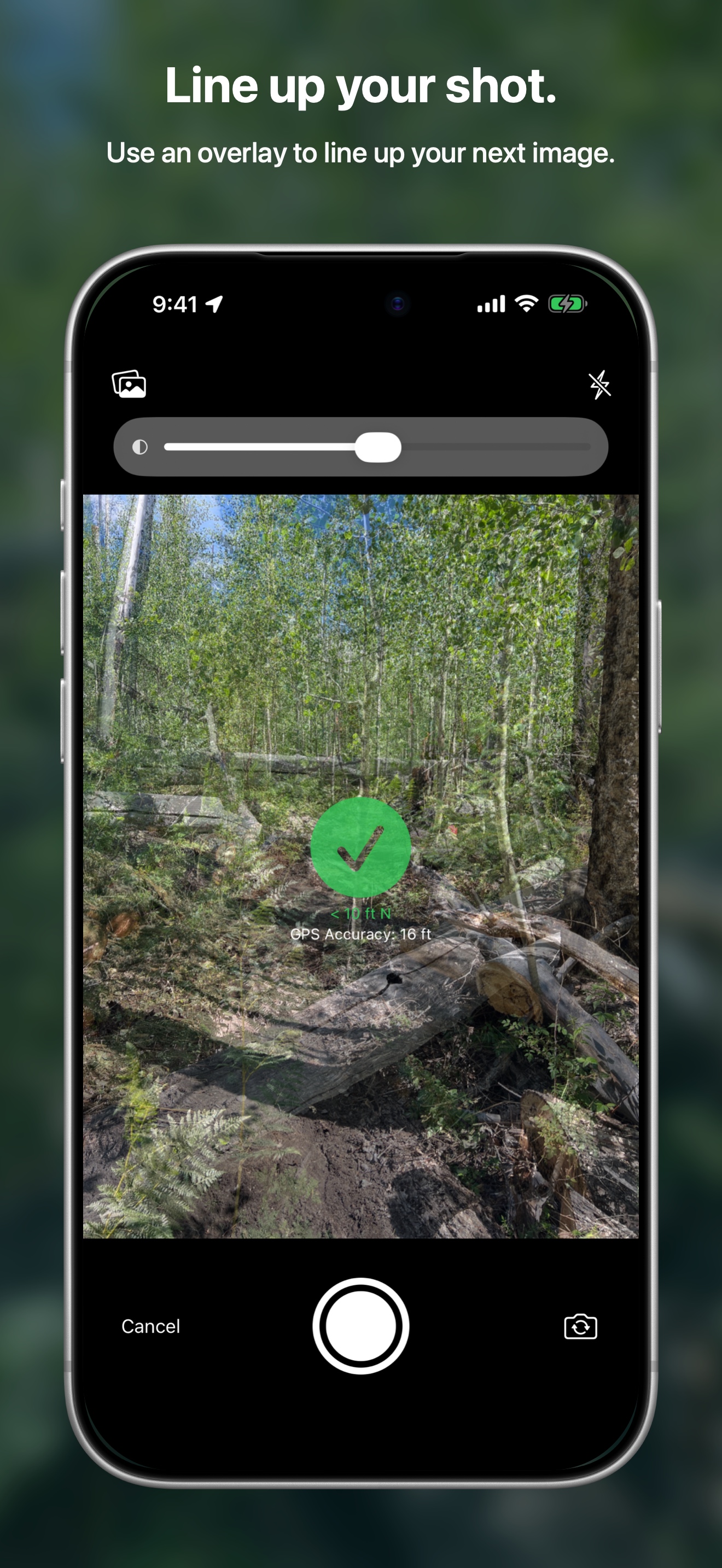 Baftr camera view overlays a saved forest photo on the live camera, with an opacity slider to help align the next shot.