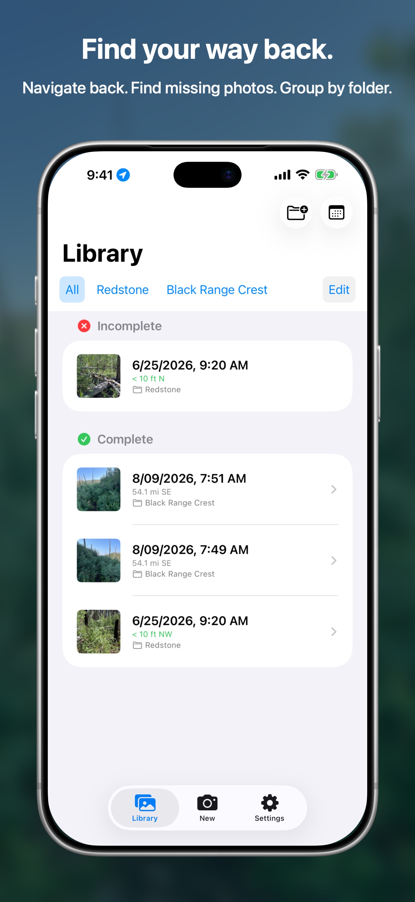 Baftr's library groups incomplete and completed photo sets by folder and shows distance and direction guidance.