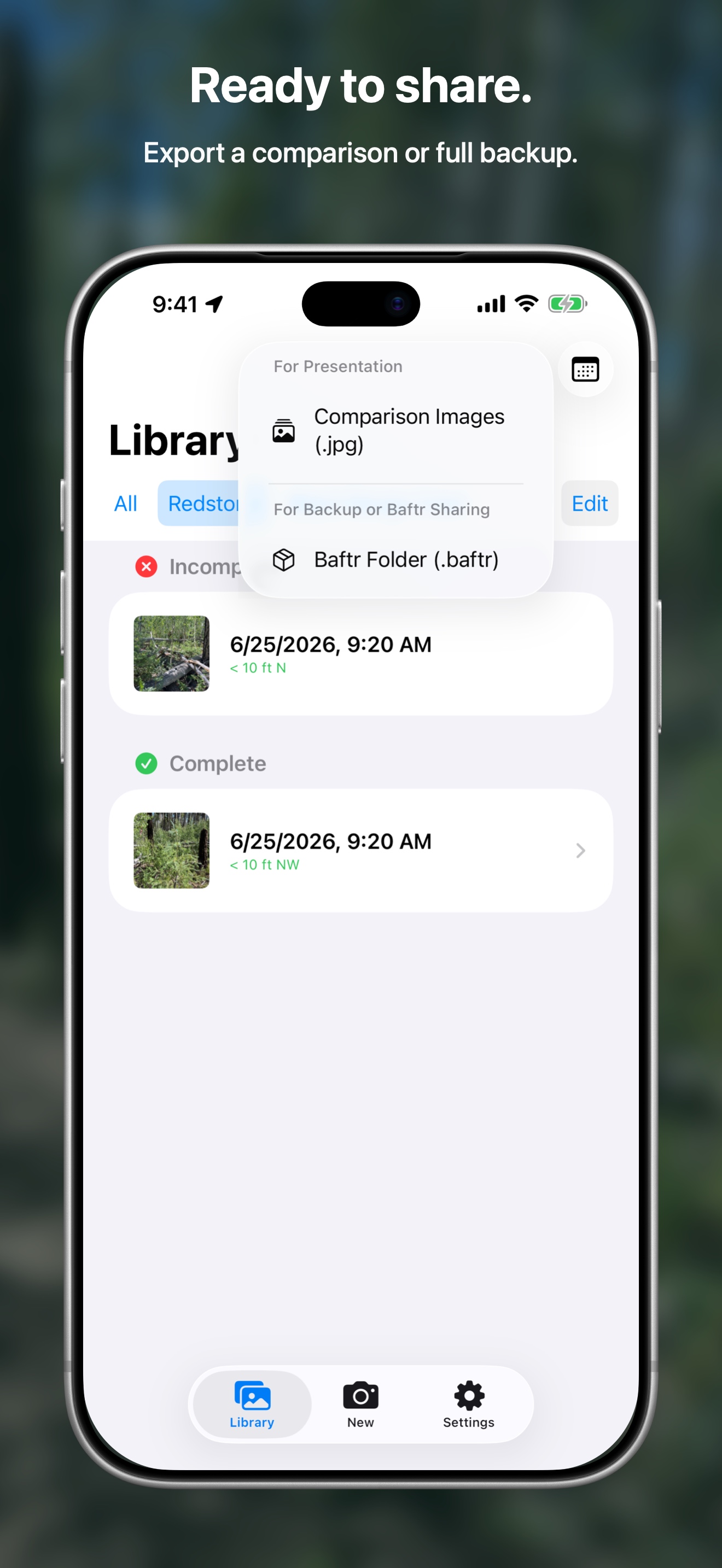 Baftr's sharing menu offers comparison image exports and a Baftr Folder package for backup or sharing.